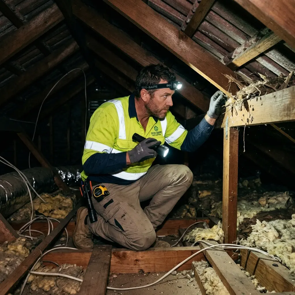 Technician inspecting a roof cavity for a dead animal in Christmas Hills