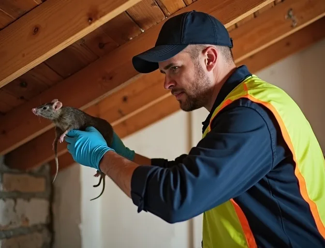 Technician inspecting a roof cavity for a dead rat in Christmas Hills